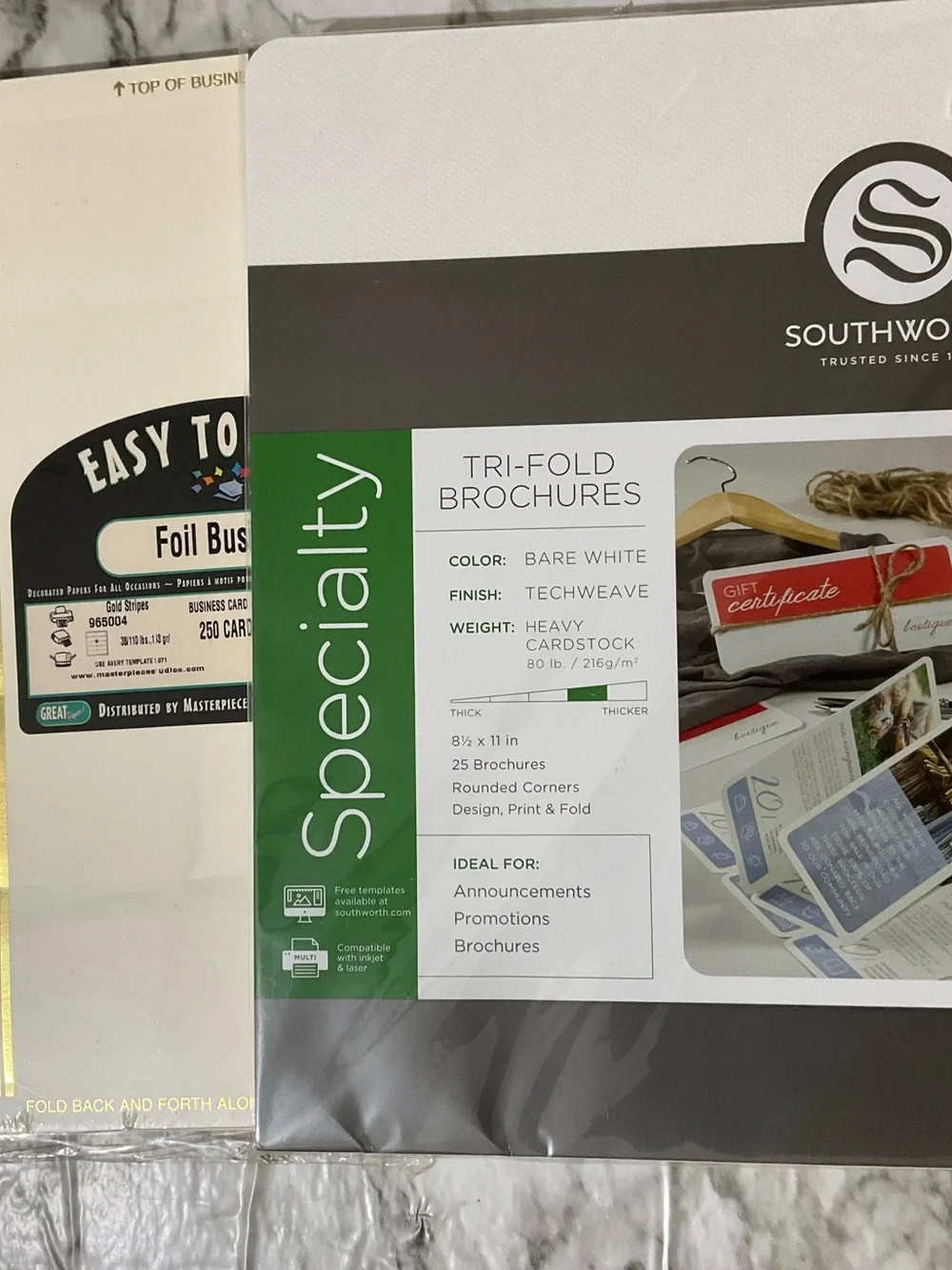 Specialty Tri-Fold Brochures and Foil Business Cards White Cream Stationery